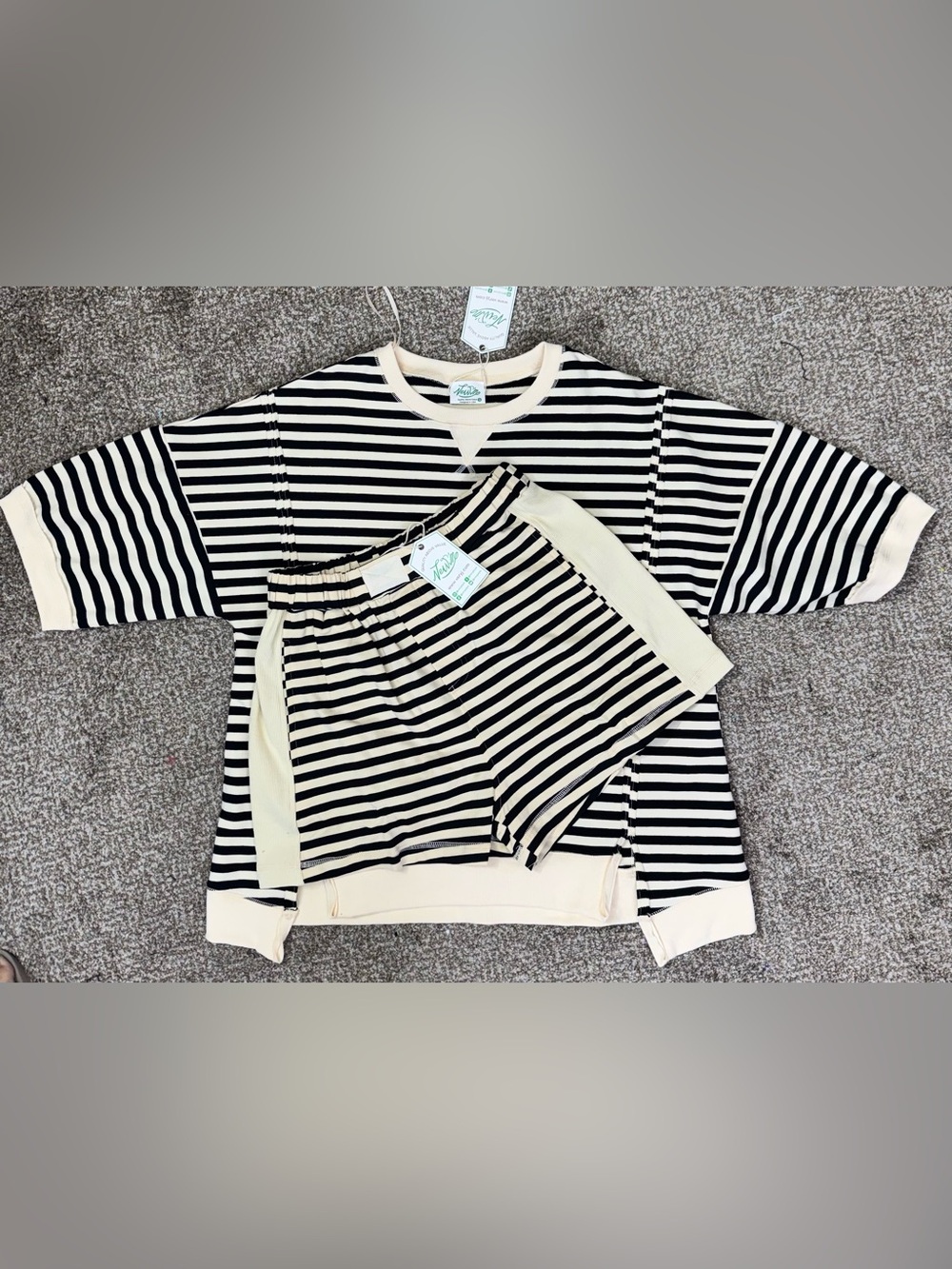 Striped Short-Sleeve Knit Top and Short Set in Cream and Black